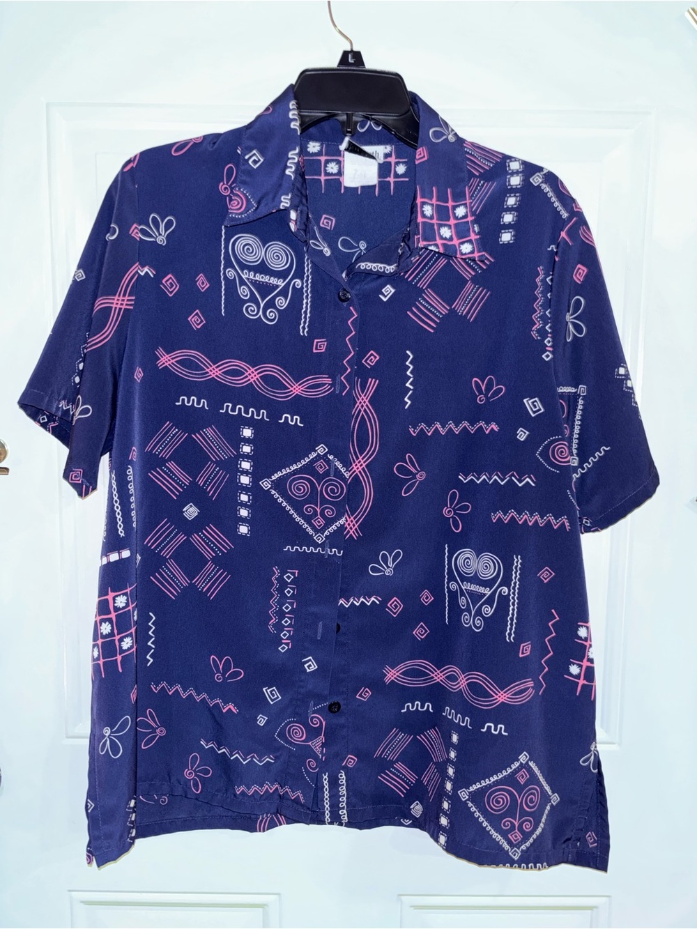 BonWorth Navy Short-Sleeve Button-Up Blouse with Pink & White Geometric Motifs